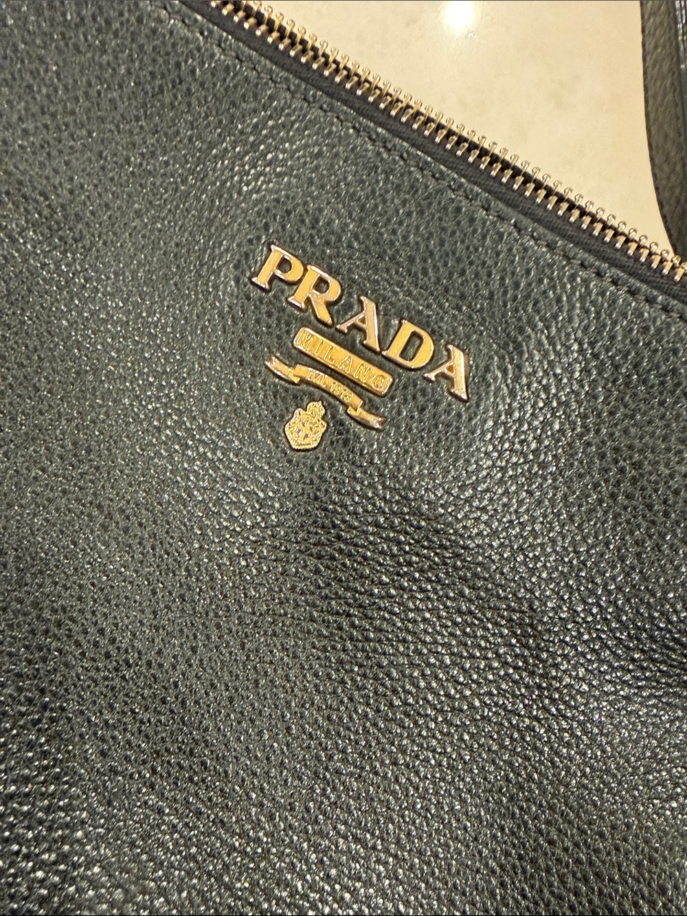 Authentic Prada Black Pebbled Leather Shoulder Bag with Gold Logo Accent - Picture 3 of 10
